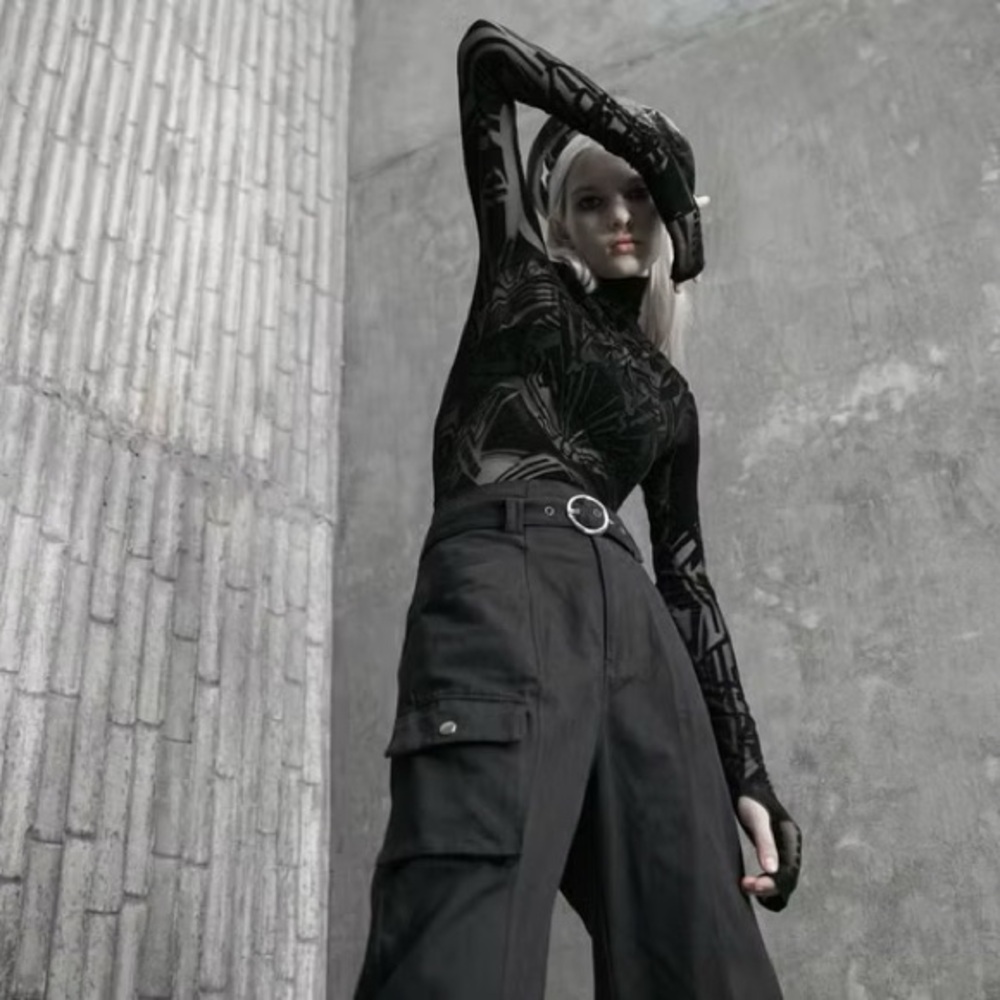 Punk Rave Cyberpunk Robot Goth Mesh Flock Top - Picture 8 of 15